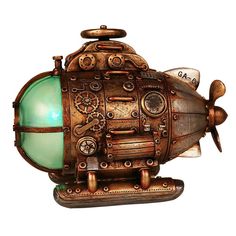 a steampunky looking object with green light on it's face and hands