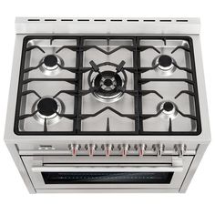 a gas stove with four burners and two knobs on the front, against a white background