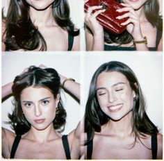 four pictures of a woman holding a purse and smiling at the camera, showing different angles