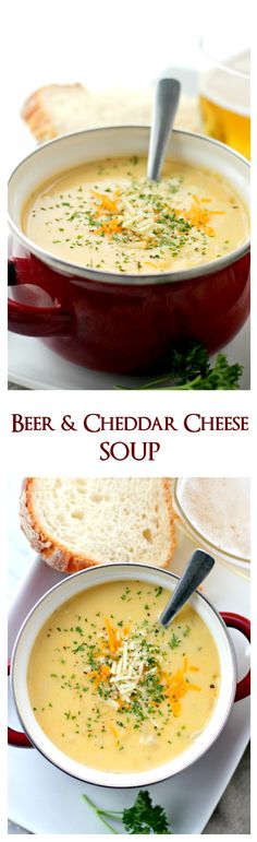 two pictures showing different types of soups and bread