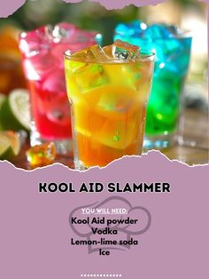 🌈🥃 Try a fun and fruity Kool Aid Slammer! #FruityShots #PartyTime Kool Aid Slammer Ingredients: Kool Aid powder (1 packet, flavor of choice) Vodka (1 cup) Lemon-lime soda (1 cup) Ice (for serving) Instructions: In a shaker, combine Kool Aid powder, vodka, and ice. Shake well. Pour into shot glasses. Top with lemon-lime soda and serve immediately. 🥃🍹 Enjoy these vibrant and tasty shots with friends! Perfect for parties. #RecipeInspire #KoolAidShots #FunDrinks Koolaid Drinks Alcohol, Mixed Soda Recipes, Shot Recipes Alcoholic, Shots With Friends, Tasty Shots, Fruity Shots, Fun Summer Drinks, Jello Shot Recipes