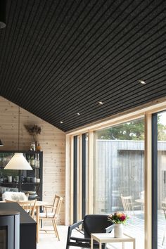 an open kitchen and living room with sliding glass doors