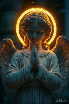 an angel with glowing halo around it's neck and hands in front of her