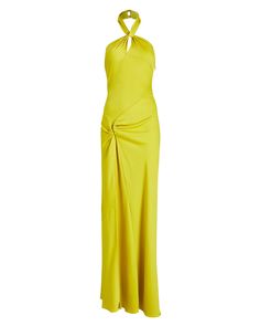 Ronny Kobo Selina Open-Back Satin Halter Gown in yellow | INTERMIX® Miami Sunset, Backless Gown, Halter Gown, Designer Evening Dresses, Ronny Kobo, Casual Day Dresses, Striped Sleeveless Dress, Silk Floral Dress, Chiffon Long Sleeve