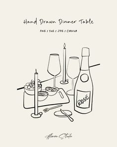 hand drawn dinner table with wine and food