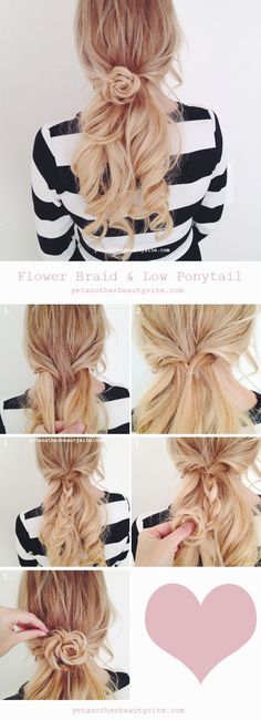 -Wendy- For the hair handicapped #23- Flower braid and low pony. For medium to long hair lengths. Crown Hairstyle, Braided Crown, Flower Braids, Hairstyle Tutorials, Spring Hairstyles, Hair Dos, Hair Designs, Hair Day, Diy Hairstyles