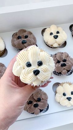 a person holding a cupcake with white frosting in front of some dog shaped cupcakes