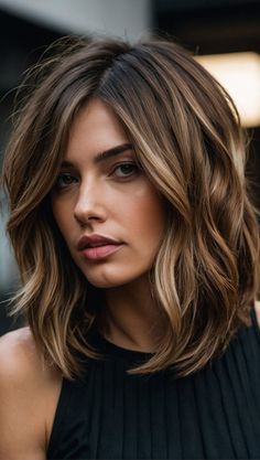 Medium Length Haircut Lowlights, Layered Lob Balayage, Brown With Babylights Blonde, Mid Length Hair With Layers Highlights, Bob Haircut With Blonde Highlights, Andrea Canning Style, Long Bob Chocolate Brown Hair, Mid Length Hair Thick Wavy, Layered Mid Length Bob