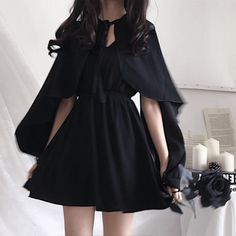 Fashion Black Dress · Cute Kawaii ｛harajuku fashion} · Online Store Powered by Storenvy Black Cape Dress, Cute Black Dress, Gaun Fashion, Black Cape, Black Dress Outfits, Korean Fashion Dress, Cape Dress, Mode Inspo, Fashion Black