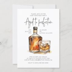 a birthday party card with an image of a bottle of whiskey and two glasses