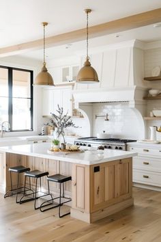 Wood Color Island In White Kitchen, Kitchen Mixed Cabinets, Country Modern Kitchen Farmhouse Style, Kitchen Aestethic, Modern Boho Farmhouse Kitchen, Kitchen Island Color Ideas, Light Kitchen Ideas, Cute Kitchens, Modern Clean Kitchen