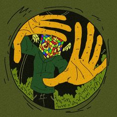 two hands holding a rubik cube in the middle of a circle with trees around it