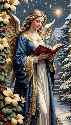 an angel reading a book in front of a christmas scene with holly garland and flowers