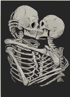 two skeletons hugging each other in black and white with one skeleton holding the other's head