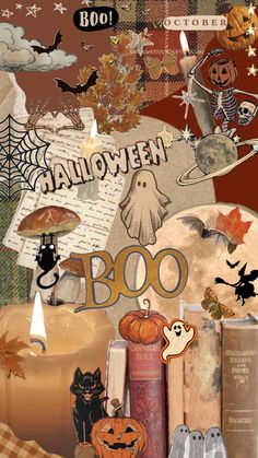 halloween booo collage with candles and books