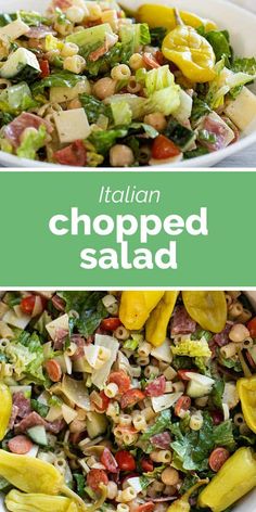 two plates filled with salad and the words italian chopped salad on top are shown above