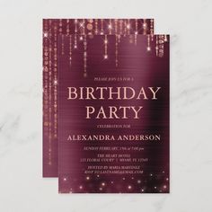 a purple birthday party card with sparkling lights