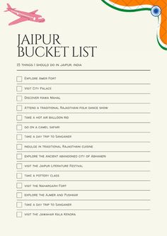 the jalpur bucket list is shown with an orange and green airplane on it