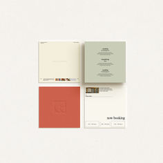 the brand identity and business cards are laid out on top of each other, along with an envelope