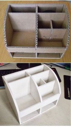 two pictures side by side showing the inside of a cardboard box with compartments in it