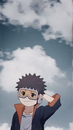 an anime character is wearing goggles and holding his head in one hand while looking at the sky