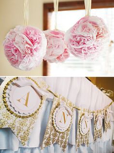 pink and gold baby shower decorations hanging from the ceiling next to an image of tissue pom poms