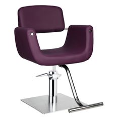 a purple chair sitting on top of a metal base