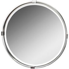 a round mirror on a white background with chrome trimmings and an adjustable metal frame