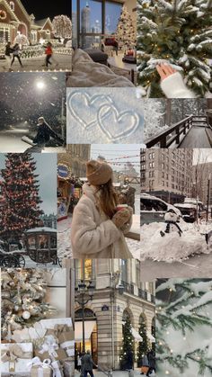 a collage of photos with people and buildings in the background, snow covered trees