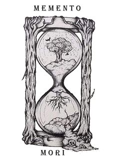 a drawing of an hourglass with trees in it and the words mementoo mori