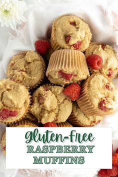 gluten - free raspberry muffins on a plate with the title overlay