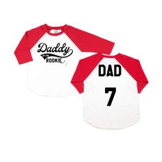 These shirts come with a custom back! Make sure to put the requested name and number in the Personalization box! Here they are, the perfect compliment to our Baseball tshirt and rompers! Now Mom, Dad and the whole family can get in on the fun! Choose from several colors Adult Unisex Raglan Tshirt is White with Black, Red, or Navy Sleeves All writing done in Black unless otherwise specified. Adult sizes are Unisex (NOT women's) and a relaxed/ looser fit. *These are in adult sizes only* Care instr Crew Neck Baseball Jersey With Name Print For Fans, Game Day Cotton Baseball Jersey With Name Print, Cotton Baseball Jersey With Name Print For Game Day, Custom Print Tops For Father's Day Fan Merchandise, White Number Print T-shirt Fan Apparel, White T-shirt With Number Print For Fans, Father's Day Fan Merchandise Tops With Custom Print, White Fan Apparel T-shirt With Number Print, Family Matching Fan Merchandise Tops With Custom Print