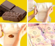 four pictures showing different types of chocolates and their wrapper size options are shown