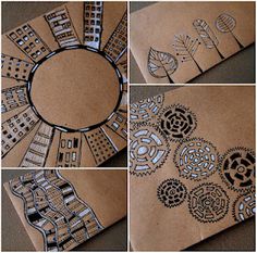 four pictures of different designs on brown paper