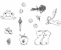 an ink drawing of various items on a white background, including flowers and other things