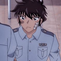 an anime character with black hair and piercings on his ears, wearing uniform looking at the camera