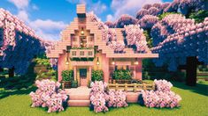 Starter House Minecraft, Simple Minecraft Builds, Minecraft Cherry Blossom, Minecraft Bedding, Minecraft Starter House, House In Minecraft, Blossom House, Starter House, House Tutorial