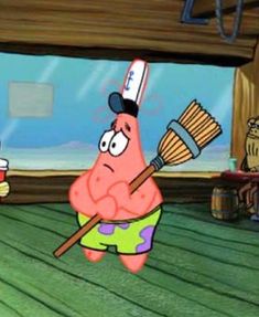 an animated cartoon character holding a broom and looking at another character in front of him