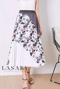 Lasaky - Sophisticated Pleated Floral Print Midi Skirt with High-Waisted Design Floral Print Midi Skirt, Polyester Skirt, Floral Pleated Skirt, Prints Fabric, Printed Skirt, Tea Break, Skirt Floral, Spring Skirts, Printed Midi Skirt