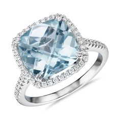 This gorgeous 14k white gold cocktail ring features a cushion-cut aquamarine surrounded by a halo of tiny pave-set diamonds. An effortless upgrade to your accessory wardrobe. Aquamarine Ring Vintage, Small Engagement Rings, Rings Turquoise, Cushion Cut Diamond, Ring Settings, Cushion Cut Ring, Gold Cocktail Ring, Cushion Ring, Gemstone Engagement