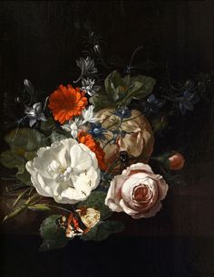 a painting of flowers in a glass vase on a black table with leaves and insects