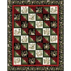 a christmas quilt with deers and holly trees on the border, in red, green,