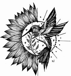 a black and white drawing of a sunflower with a bird on it's back