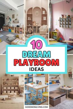 Collage of ten creative and colorful playroom ideas featuring various designs, furniture, and decor elements for children's spaces. 8 Month Old Play Area, Built Ins For Playroom, Imagination Play Ideas For Kids, Playroom With Daybed Ideas, Living Room Toddler Play Area, Playroom With Kitchen, Toddler Learning Corner At Home, Kids Room Play Area, Kids Bedroom Playroom Combo