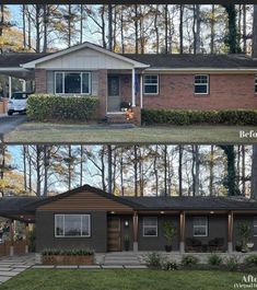 before and after pictures of a home in the suburbs, with landscaping on both sides