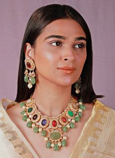 Navratna Choker Necklace Set Riana by Shikha Jindal - Fabilicious Fashion