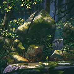 a painting of rocks and plants in the woods