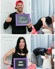 a man and woman holding up signs in front of their faces with the words we're pregnant written on them