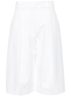 white crepe texture tailored design belt loops two side slash pockets front pleat detailing below-knee length rear welt pocket wide leg full lining concealed front button, hook and zip fastening