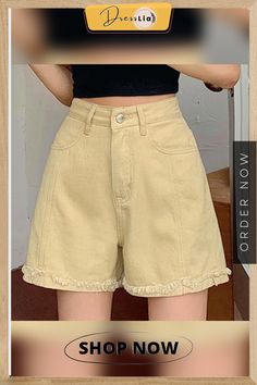 Women's Polyester High Waist Zipper Fly Casual Solid Denim Shorts Beige Jean Shorts With Pockets For Spring, Trendy Beige Jean Shorts With Pockets, Beige Denim Bottoms For Summer, Summer Beige Denim Bottoms, Trendy High Rise Beige Shorts, Trendy Beige Denim Bottoms, Trendy Beige Jean Shorts, Spring Beige High-waisted Jean Shorts, Beige Denim Bottoms For Spring